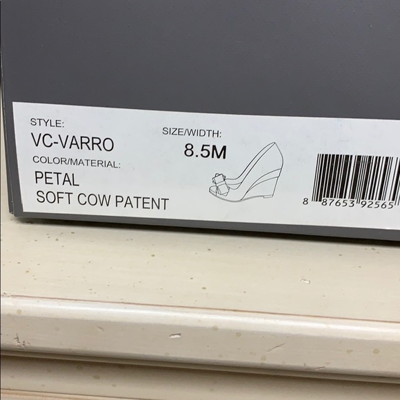 Vince Camuto Beige Patent Leather Peep Toe Wedges. - Picture 2 of 5